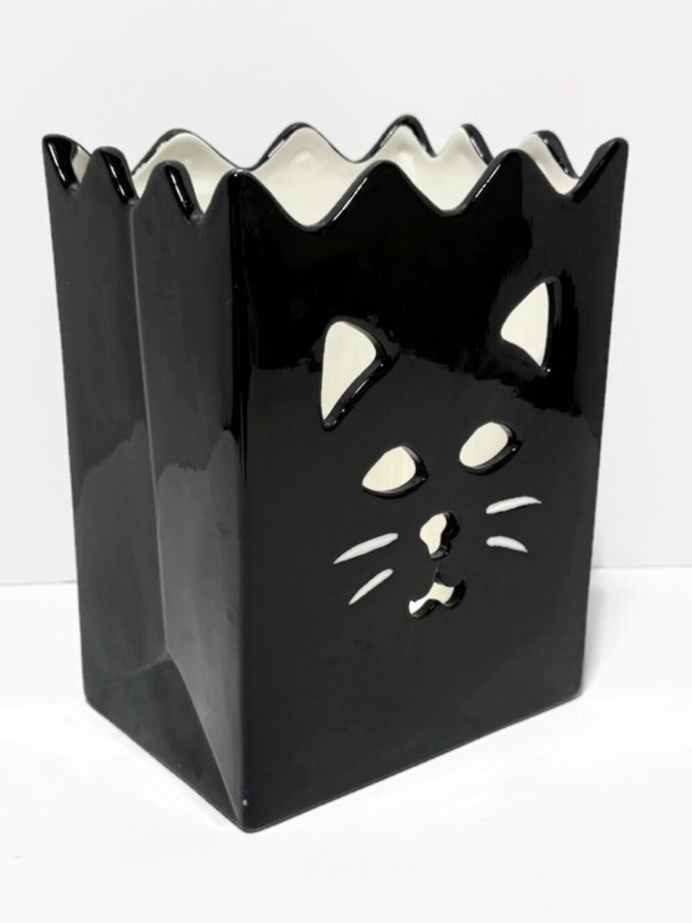 Black Cat Halloween Ceramic Luminary, Cut-Out Cat Face, Zig Zag Rim